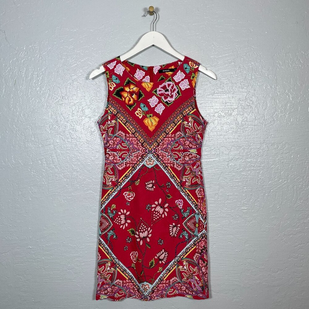 DESIGUAL Women 38 Red Foulard Sheath Dress Bandana Mandala Floral Linen Boho